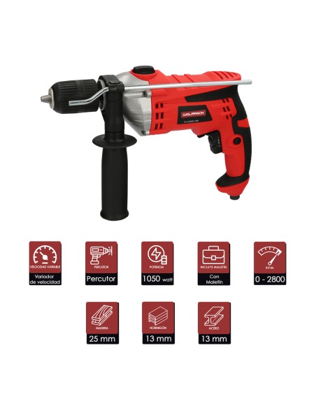 Taladro Percutor Con Variador de Velocidad 1050 Watt. Incluye Maletín, Empuñadura y Guia Metalica.