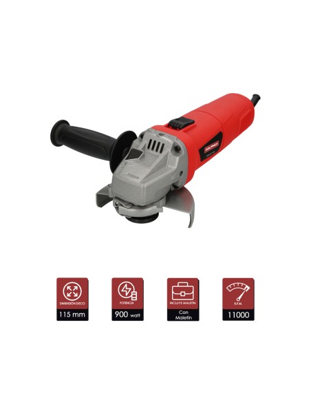Amoladora Angular 900 Watt. Disco Ø 115 mm. 11.000 R.P.M. Mango 3 Posiciones Eje M14 Protector Disco Ajustable, Anti arranque