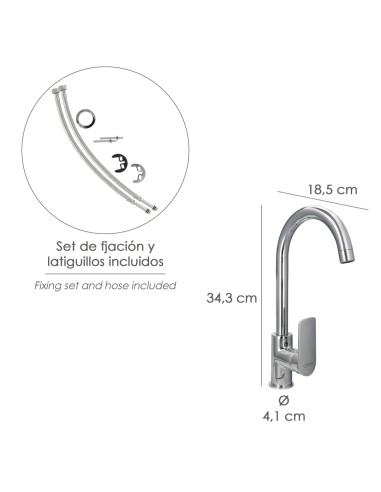 Monomando Fregadero Cocina "Hamburgo" Grifo Baño, Grifo Encimera, Grifo Cocina, Grifo Mezclador. Cartucho Ceramico Ø 35 mm.