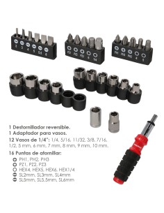 Juego Destornillador Carraca con 29 piezas. (12 vasos y 16 Puntas) 2