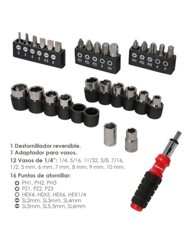 Juego Destornillador Carraca con 29 piezas. (12 vasos y 16 Puntas)