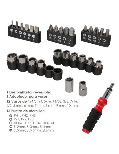 Juego Destornillador Carraca con 29 piezas. (12 vasos y 16 Puntas)