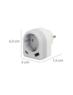 Enchufe / Adaptador Schuko Con 2 Tomas, USB A / C. Potencia Maxima 3680 W. Cargador Moviles, Cargador 2 Tomas, Adaptador Moviles 2