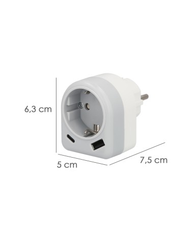 Enchufe / Adaptador Schuko Con 2 Tomas, USB A / C. Potencia Maxima 3680 W. Cargador Moviles, Cargador 2 Tomas, Adaptador Moviles