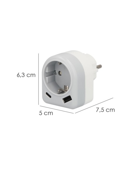 Enchufe / Adaptador Schuko Con 2 Tomas, USB A / C. Potencia Maxima 3680 W. Cargador Moviles, Cargador 2 Tomas, Adaptador Moviles