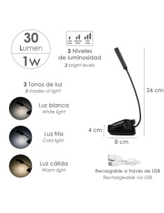 Linterna LED De Mesa / Lectura Bateria Recargable (1.000 mAh) 30 Lumenes Con Clip, 3 Tonos De Luz y 3 Niveles De Luminosidad 2