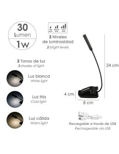 Linterna LED De Mesa / Lectura Bateria Recargable (1.000 mAh) 30 Lumenes Con Clip, 3 Tonos De Luz y 3 Niveles De Luminosidad