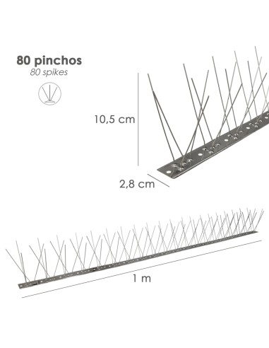 Pincho Anti Palomas / Pajaros 1 Metro Inoxidable Pincho Doble 80 Pinchos. Adaptable a Varias Posiciones