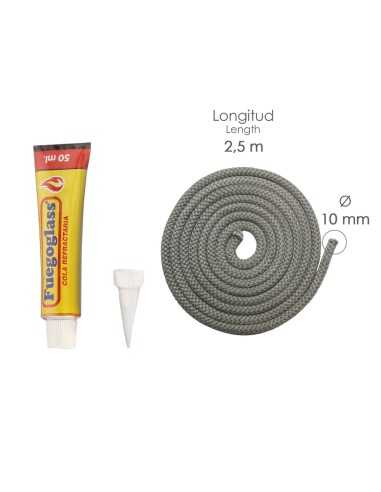 Kit Reparacion Estufas/Chimeneas, Cola Refractaria y Cordon Fibra Vidrio 10 mm. x 2,5 m.
