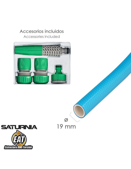 Manguera Tricotada No Torsion Blue Ø 19 mm. Rollo 15 metros. Con Accesorios, Manguera Anti Torsion, Manguera Sin Dobleces,