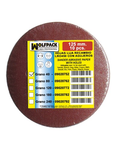 Lija Recambio Velcro Para Lijadoras Excentricas Disco 125 Ø Con Agujeros Grano 40 (10 Piezas)