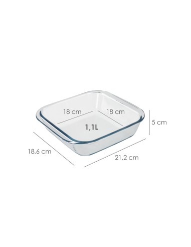 Fuente Horno Cristal Borosilicato Cuadrada 1,1litros. 18x18 cm. Ideal Meclas, Ensaladas, Postres, Cocina, Resposteria. Libre BPA