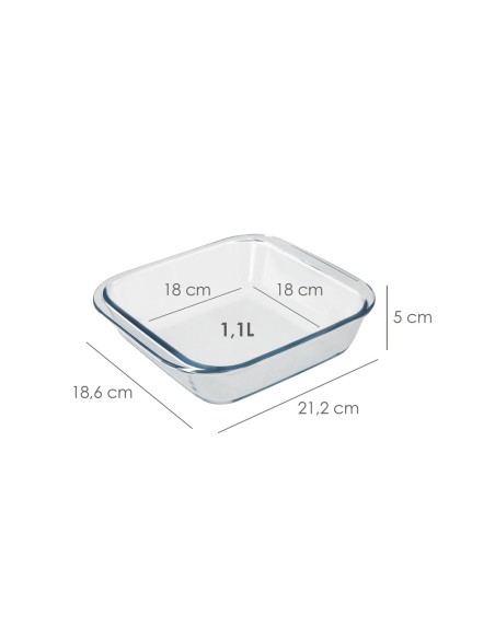 Fuente Horno Cristal Borosilicato Cuadrada 1,1litros. 18x18 cm. Ideal Meclas, Ensaladas, Postres, Cocina, Resposteria. Libre BPA