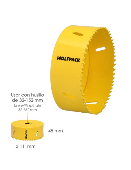 Corona Sierra Bimetal Ø 111 mm. Templado Termico, Base Reforzada. Corona Madera, Broca Agujeros Madera, Acero, Hierro, Plasticos