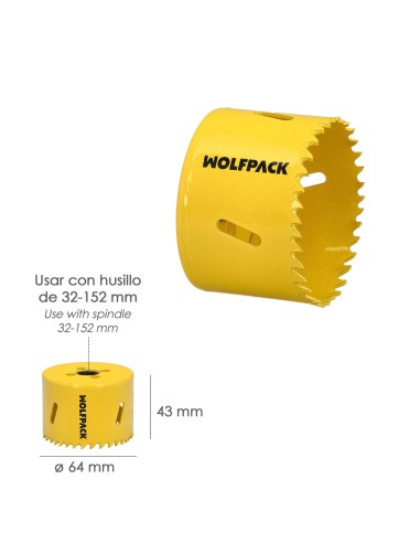 Corona Sierra Bimetal Ø 64 mm. Templado Termico, Base Reforzada. Corona Madera, Broca Agujeros Madera, Acero, Hierro, Plasticos