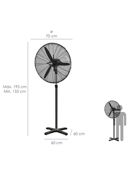 Ventilador Pie Ø 70 x195 cm. Negro 190 W. Oscilación Automatica, Altura Regulable, Cabezal Inclinable, Base Estable 60x60 cm.