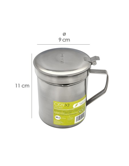 Grasera Acero Inoxidable Para Pescado Aceitera Aceite Usado 0,5 L. Con Colador y Tapa, Recipiente Reciclaje Aceite Usado Pescado