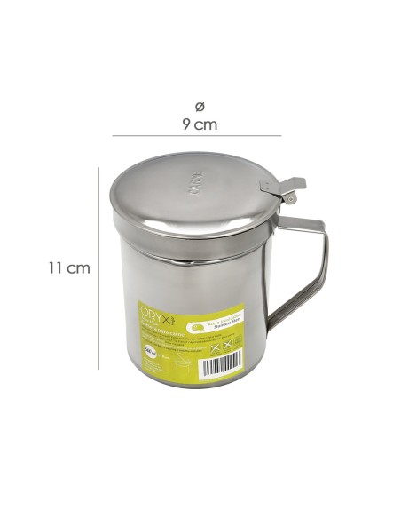 Grasera Acero Inoxidable Para Carne, Aceitera Aceite Usado 0,5 lts. Con Colador y Tapa, Recipiente Reciclaje Aceite Usado Carne