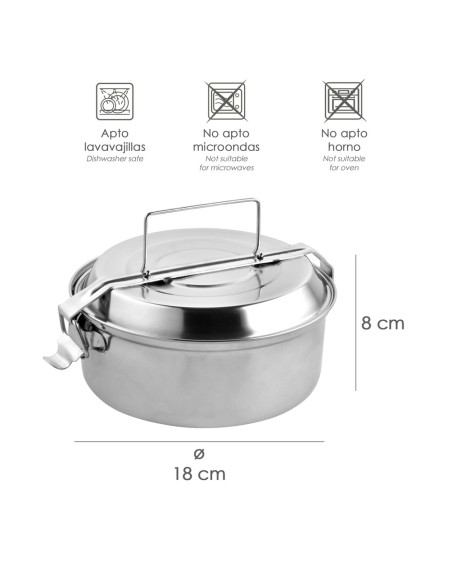 Fiambrera Metalica De Acero Inoxidable Con 2 Platos Ø 18 cm. Lunch Box, Fiambrera Metalica, Porta Alimentos Metalico,