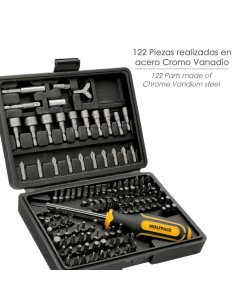 Juego Puntas con Destornillador 1/4" 122 Pzs. Con Apadtador. Cromo Vanadio, Kit Llave Combinada, Kit Carraca, 2