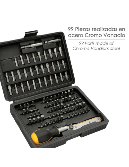 Juego Puntas con Destornillador 1/4" 99 Pzs. Con Apadtador. Cromo Vanadio, Kit Llave Combinada, Kit Carraca,