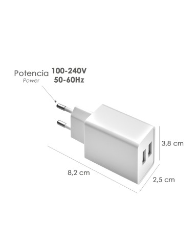 Cargador USB Dos Tomas 2.1 Amperios. 5 V. Adaptador Enchufe USB Cargador USB de Pared, Android, Iphone, Smartphones, Tablets.