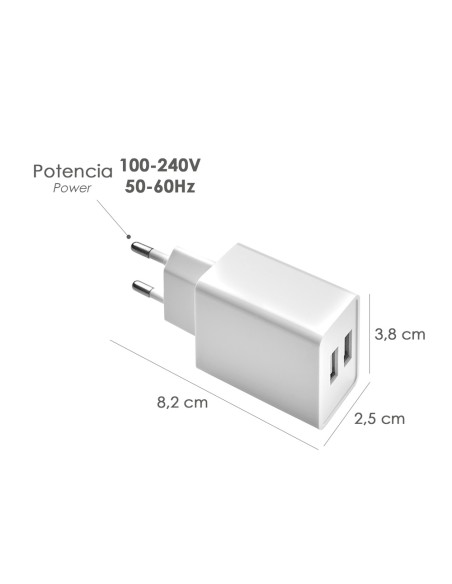 Cargador USB Dos Tomas 2.1 Amperios. 5 V. Adaptador Enchufe USB Cargador USB de Pared, Android, Iphone, Smartphones, Tablets.