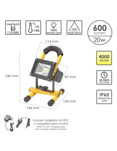Foco Led 20 Watt. Luz Blanca 4000º K IP 65 600 Lumenes Con Asa de Transporte, Proyector Led Con Asa, Foco Led Trabajo