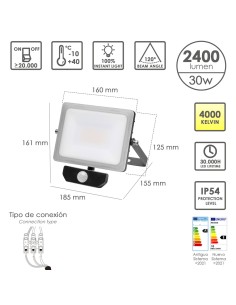 Foco Led Plano 30 Watt. Luz Blanca 4000º K IP 65 2400 Lumenes Con Sensor de Presencia 2