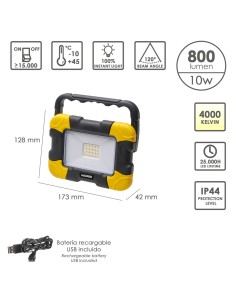 Foco Led Plano Recargable 10 Watt. 800 Lumenes Luz blanca 4000ºK Protección IP44. Portatil Proyector Led Obras 2
