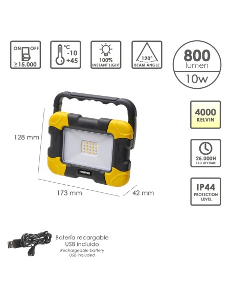 Foco Led Plano Recargable 10 Watt. 800 Lumenes Luz blanca 4000ºK Protección IP44. Portatil Proyector Led Obras