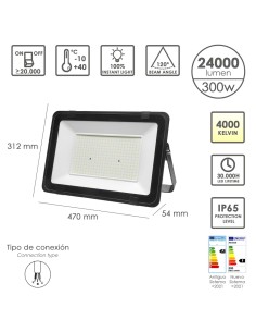 Foco Led Plano Potencia 300 Watt. 24000 Lumenes. Luz blanca 4000ºK Protección IP65. Cuerpo Aluminio. Foco Exteriores/Interiores 2
