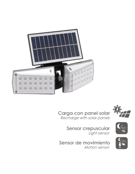 Aplique Solar Led Doble Con Sensor de Movimiento / Crepuscular 450 Lumenes. Protección IP65