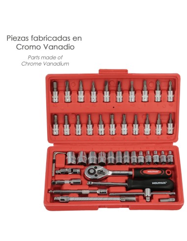 Juego Llaves De Vaso y Puntas 1/4" 46 Piezas. Con Apadtador. Cromo Vanadio, Kit Llave Combinada, Kit Carraca, Juego Llaves Vaso