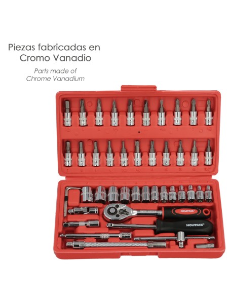Juego Llaves De Vaso y Puntas 1/4" 46 Piezas. Con Apadtador. Cromo Vanadio, Kit Llave Combinada, Kit Carraca, Juego Llaves Vaso