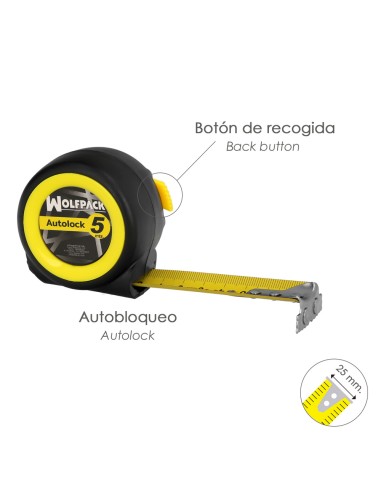 Flexometro Sistema Autolock Con Freno Automatico Longitud 5 Metros Ancho Cinta 25 mm. Magnetico. Cinta Metrica Freno Automatico