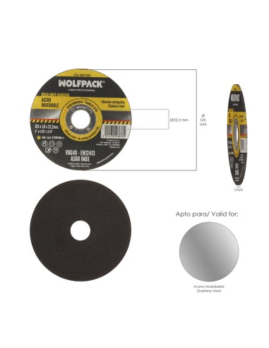 Disco Corte Abrasivo Acero Inoxidable Ø 125x Ø 22,2 mm Espesor 1,0 mm. Disco Radial / Amoladora Universal