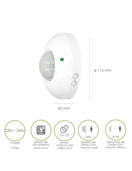 Detector De Movimiento Por Infrarrojos Con Sensor Crepuscular 360°. Ajustable
