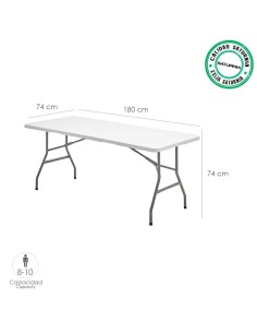 Mesa Plegable Rectangular HDPE Multifuncional, Portatil, Resistente,Multiusos 180x74x74 cm. Color Blanco 2