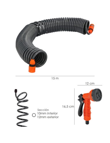 Manguera Extensible Espiral Autoenroscable Para Riego Jardin 15 MetrosCon Pistola y Conectores