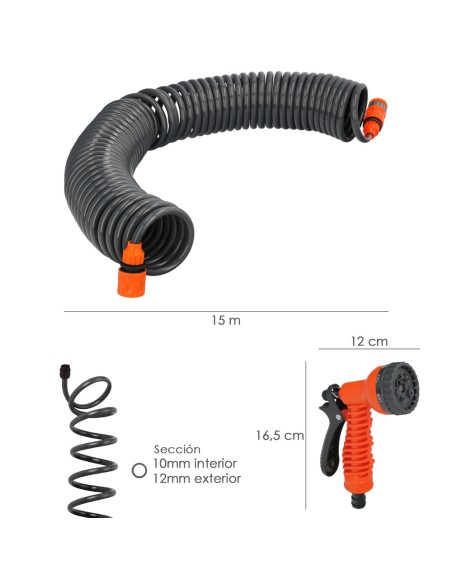 Manguera Extensible Espiral Autoenroscable Para Riego Jardin 15 MetrosCon Pistola y Conectores