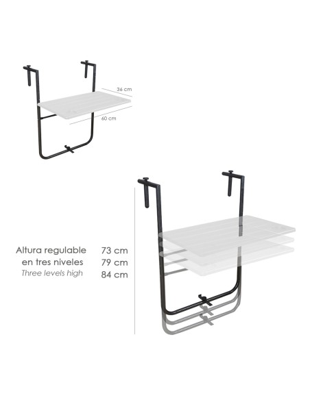 Mesa Plegable Colgante Para Balcones / Terrazas 36x60 cm. Altura Regulable