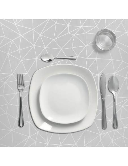 Mantel Hule Rectangular Geométrico Gris Impermeable Antimanchas PVC 140x250 cm. Recortable Uso Interior y Exterior