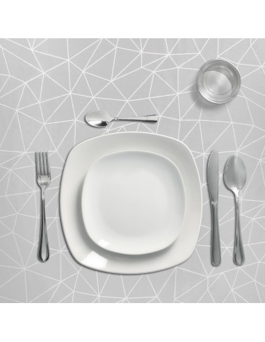 Mantel Hule Rectangular Geometrico Gris. Impermeable Antimanchas PVC 140 cm. x 20 metros. Rollo Recortable. Interior y Exterior