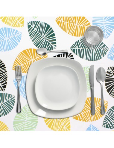 Mantel Hule Rectangular Hojas Colores. Impermeable Antimanchas PVC 140 cm. x 20 metros. Rollo Recortable. Interior y Exterior