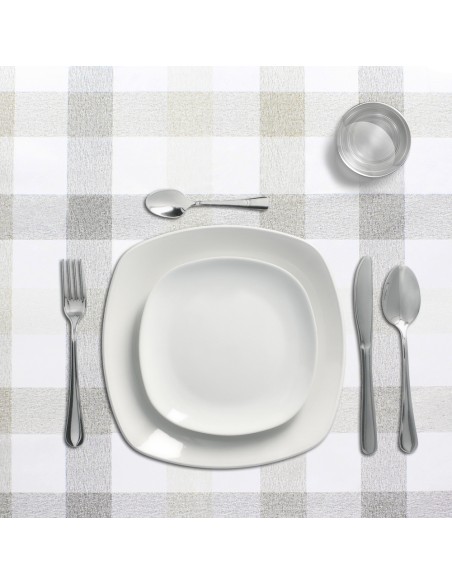 Mantel Hule Redondo Cuadros Beige Impermeable Antimanchas PVC Ø 140 cm. Uso Interior y Exterior