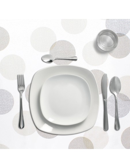 Mantel Hule Redondo Circulos Beige Impermeable Antimanchas PVC Ø 140 cm. Uso Interior y Exterior