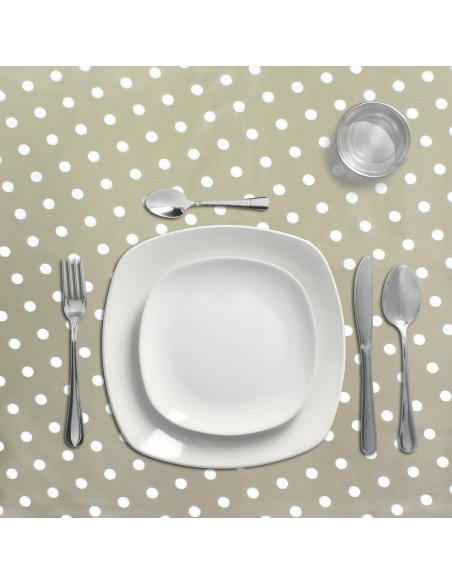 Mantel Hule Redondo Topos Beige Impermeable Antimanchas PVC Ø140 cm. Uso Interior y Exterior