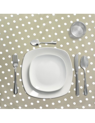 Mantel Hule Rectangular Topos Beige. Impermeable Antimanchas PVC 140 cm. x 20 metros. Rollo Recortable. Interior y Exterior