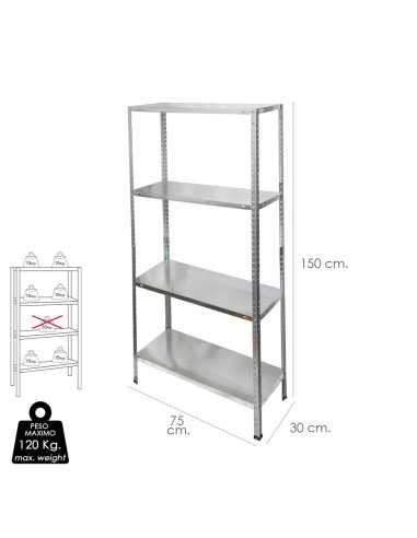 Estanteria Acero Galvanizado con 4 Baldas 150x75x30 cm. Baldas ajustables. Peso maximo 120 Kg.